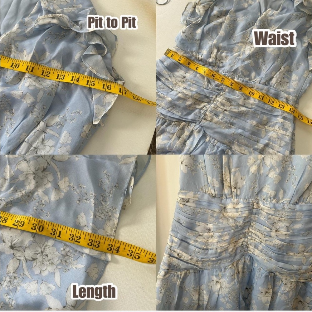 Intermix Vintage Vibe Light Blue Floral Silk Mini Dress Ruffled & Ruched - Picture 10 of 13